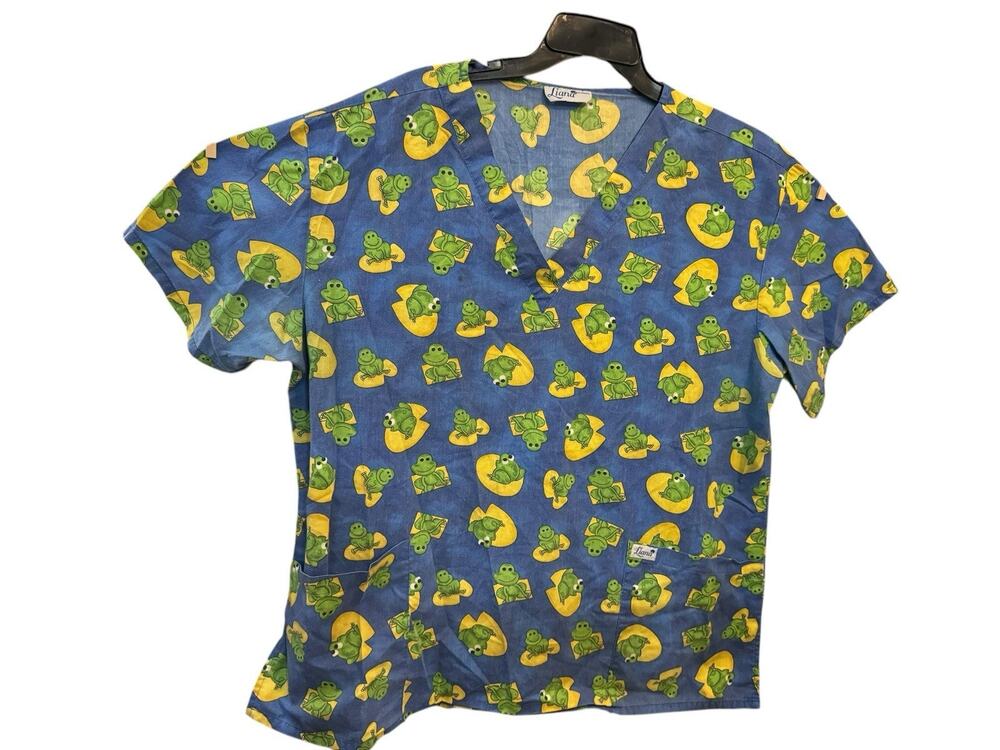 Liana Uniforms Frogs Womans Scrub Top Plus Size 1X Blue